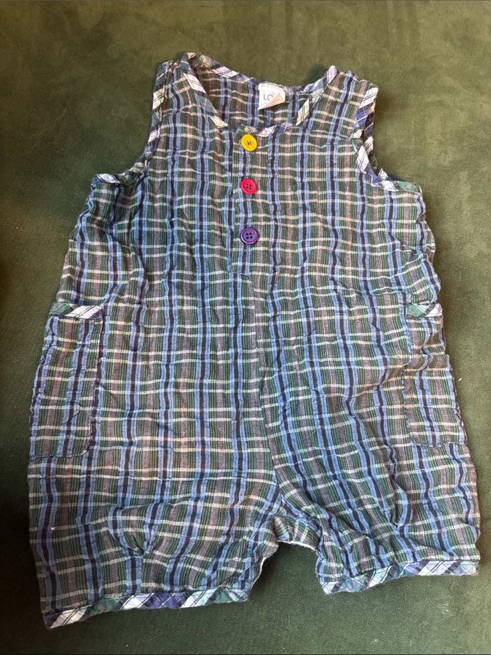 90s Vibes Kids Plaid Cotton Romper in Blue and Green